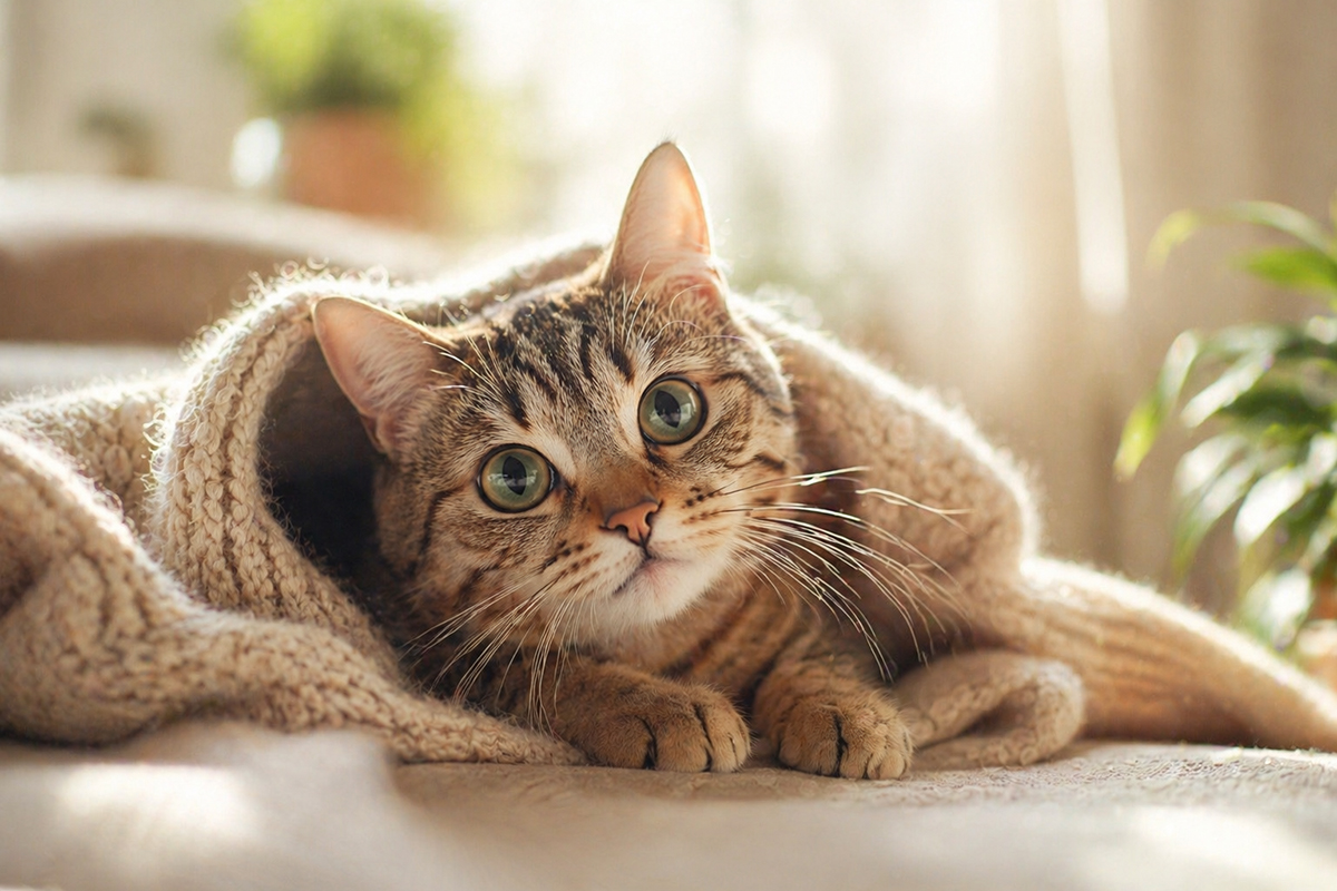 Gato doméstico arropado bajo una manta en un ambiente cálido y acogedor