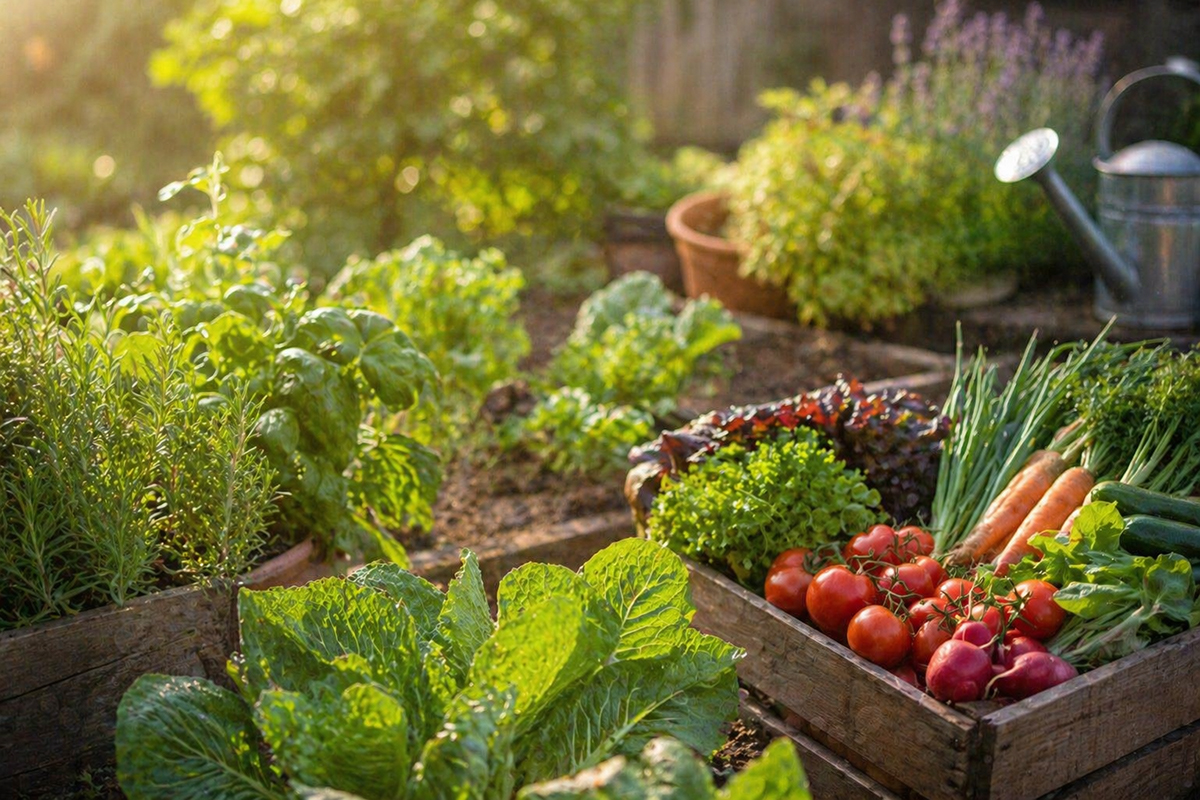 Huerta con hortalizas frescas, verduras y plantas en un entorno natural y soleado