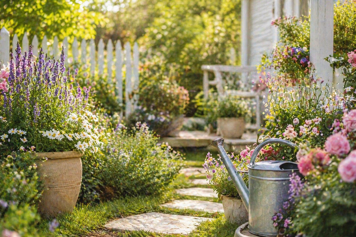 Jardín florido con sendero, macetas y regadera en un entorno luminoso y natural