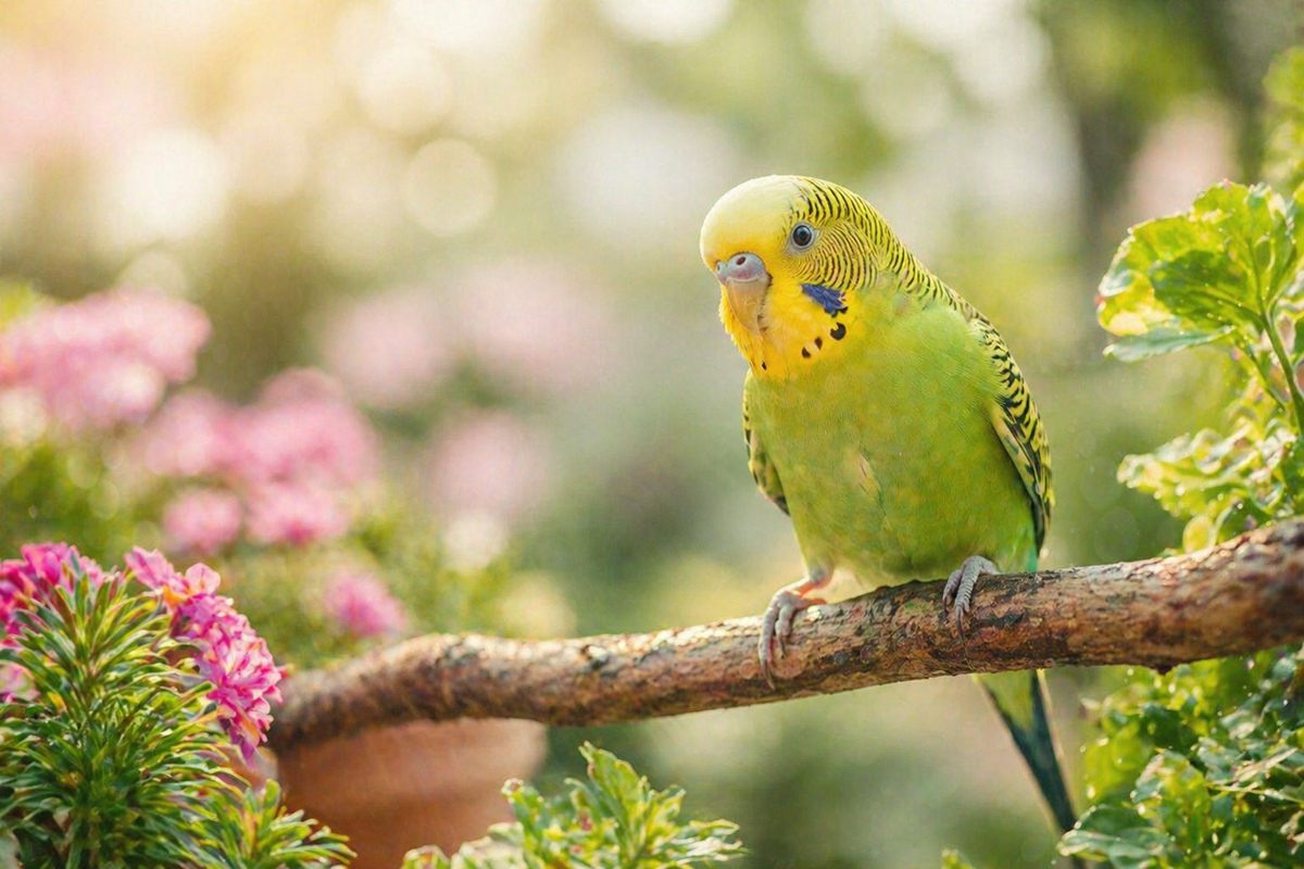 Periquito verde y amarillo posado en una rama rodeado de flores y vegetación