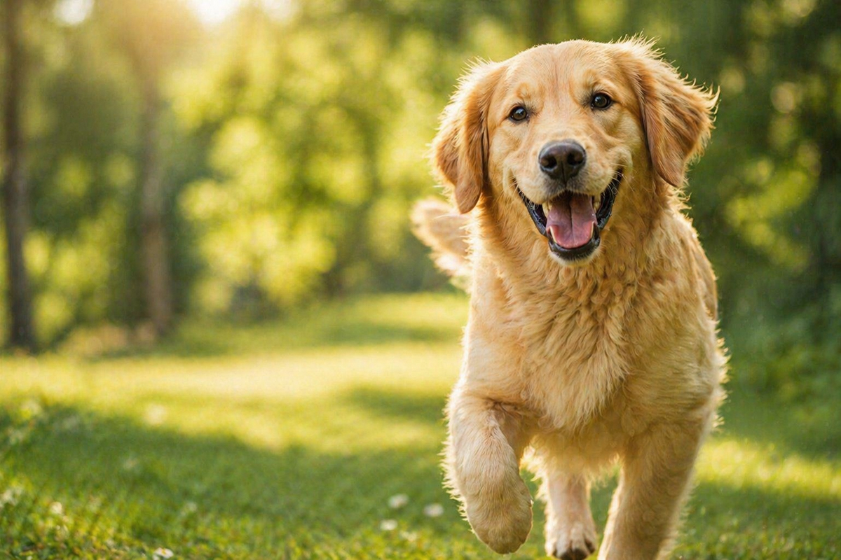 Perro alegre corriendo al aire libre en un entorno natural y soleado