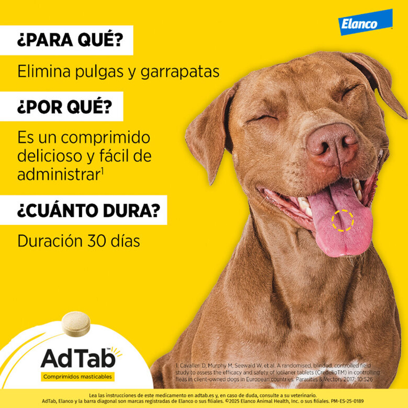 ADTAB para perro 1,3-2,5 kg. UN COMPRIMIDO Antiparasitario oral con 56,25 mg de lotilaner frente a pulgas y garrapatas. 3-2