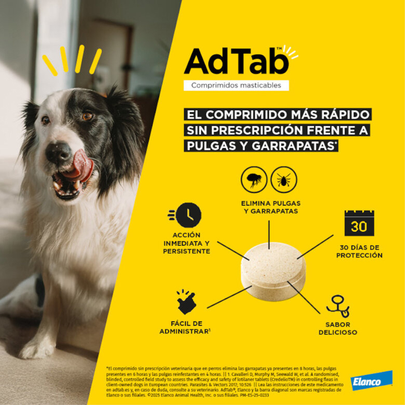 ADTAB para perro 1,3-2,5 kg. UN COMPRIMIDO Antiparasitario oral con 56,25 mg de lotilaner frente a pulgas y garrapatas. 5 Kg. Un Comprimido Antiparasitario Oral Con 56