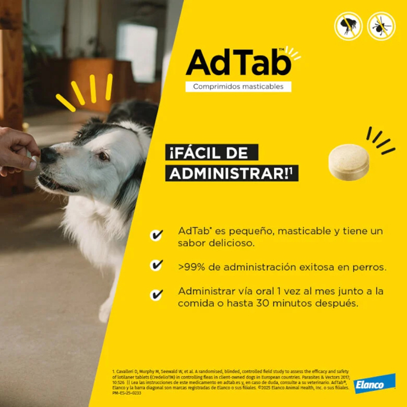 ADTAB para perro 1,3-2,5 kg. UN COMPRIMIDO Antiparasitario oral con 56,25 mg de lotilaner frente a pulgas y garrapatas. 25 Mg De Lotilaner Frente A Pulgas Y Garrapatas.