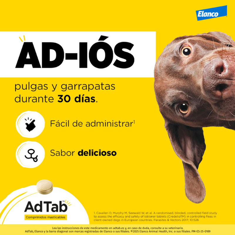 ADTAB para perro 1,3-2,5 kg. UN COMPRIMIDO Antiparasitario oral con 56,25 mg de lotilaner frente a pulgas y garrapatas. 25 Mg De Lotilaner Frente A Pulgas Y Garrapatas.