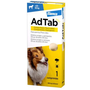 ADTAB para perro 22-45 kg. UN COMPRIMIDO Antiparasitario oral con 900 mg de lotilaner frente a pulgas y garrapatas.