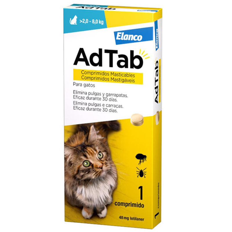 ADTAB para gatos de 2 a 8 kg. UN COMPRIMIDO Antiparasitario oral con 48 mg de lotilaner frente a pulgas y garrapatas Adtab Para Gatos De 2 A 8 Kg. Un Comprimido Antiparasitario Oral Con 48 Mg De Lotilaner Frente A Pulgas Y Garrapatas