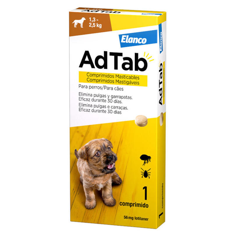 ADTAB para perro 1,3-2,5 kg. UN COMPRIMIDO Antiparasitario oral con 56,25 mg de lotilaner frente a pulgas y garrapatas. Adtab Para Perro 1,3-2,5 Kg. Un Comprimido Antiparasitario Oral Con 56,25 Mg De Lotilaner Frente A Pulgas Y Garrapatas.
